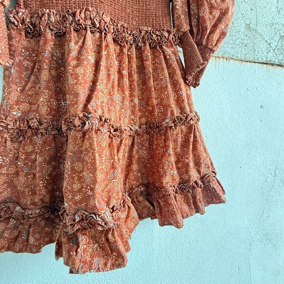 House of Harlow Rust Floral Romper Puff Sleeve Ruffle Cottagecore Fall Size S - Picture 3 of 11
